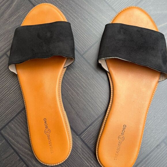 Nordstrom Treasure&Bond black & orange leather slides, synthetic flat heel, 7.5 - Picture 3 of 5